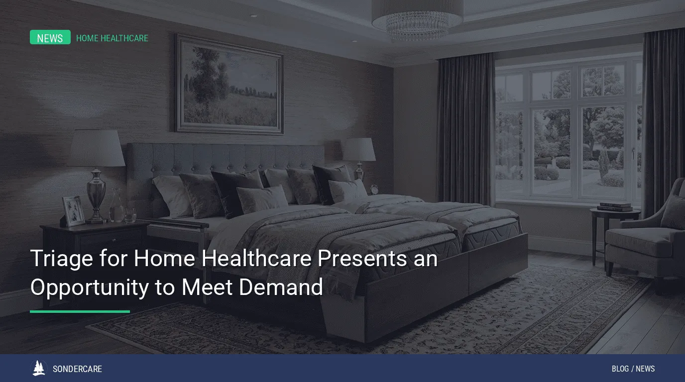 Modern bedroom with neatly made bed, large window, armchair, and decorative elements, overlaid with a headline about triage for home healthcare.