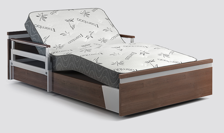 Aura Premium 48" Seniors Bed with a wooden frame and a patterned mattress.