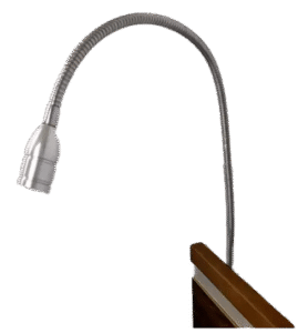 A flexible, metallic ImpulseEssence36 gooseneck lamp is attached to the edge of a wooden surface and extends upward and outward.