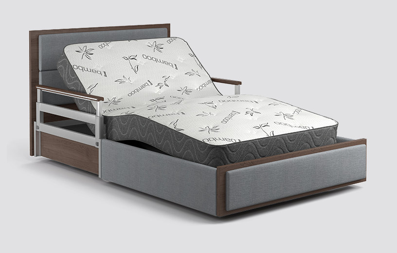 Adjustable Aura Platinum 48" with a dual-section mattress and wooden frame, shown in a semi-upright position.