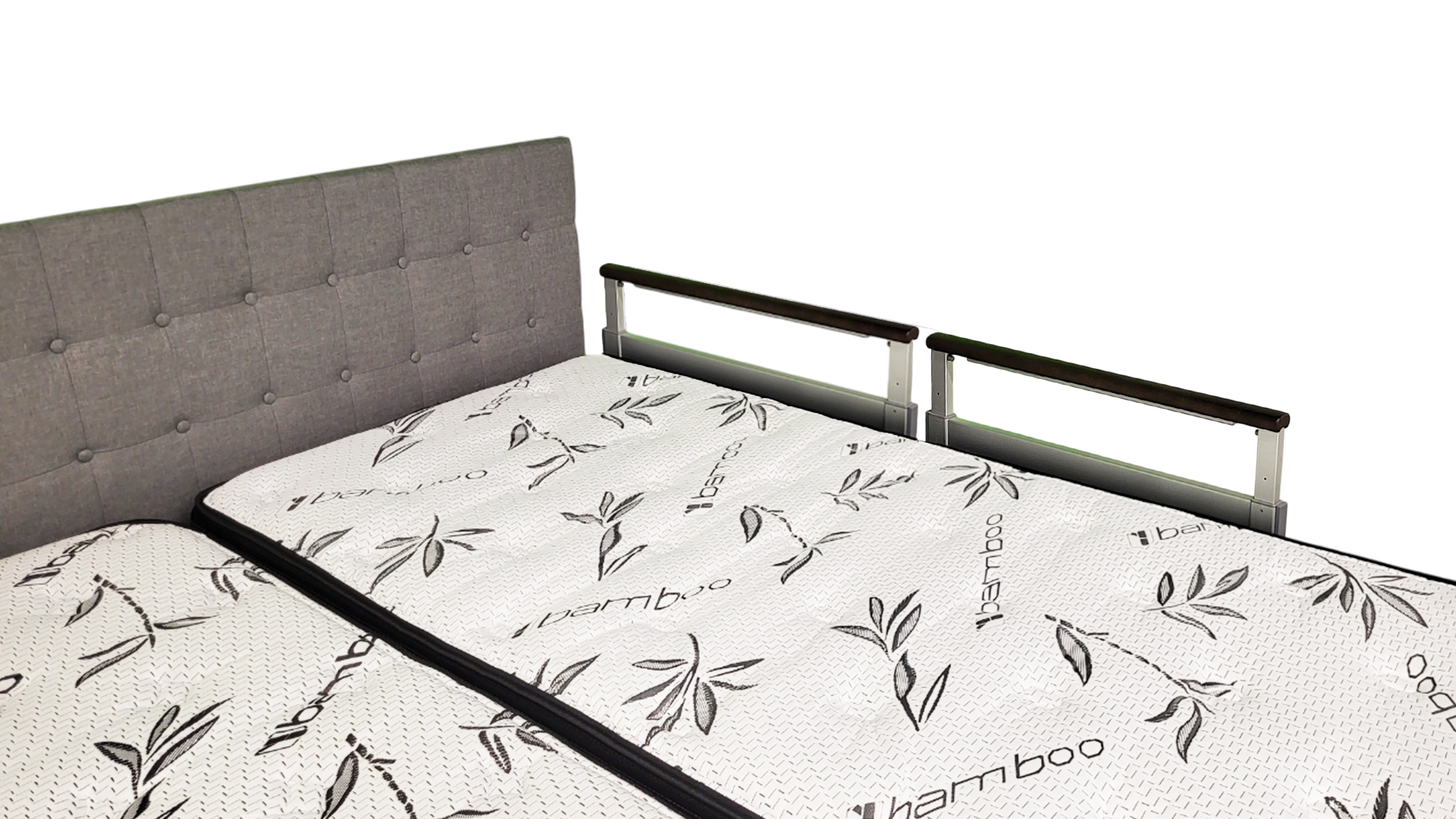 Image of a companion bed from a corner to showcase the assist rails.