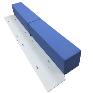 Single Product: Blue gymnastics balance beam pad with its metal base