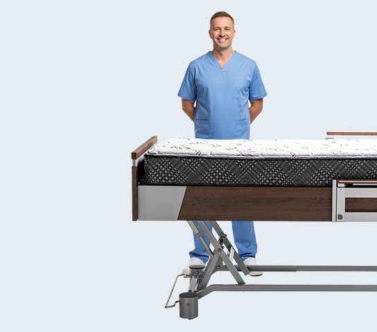 Convenient high height showcasing a nurse practitioner standing near the bed to show it's height.
