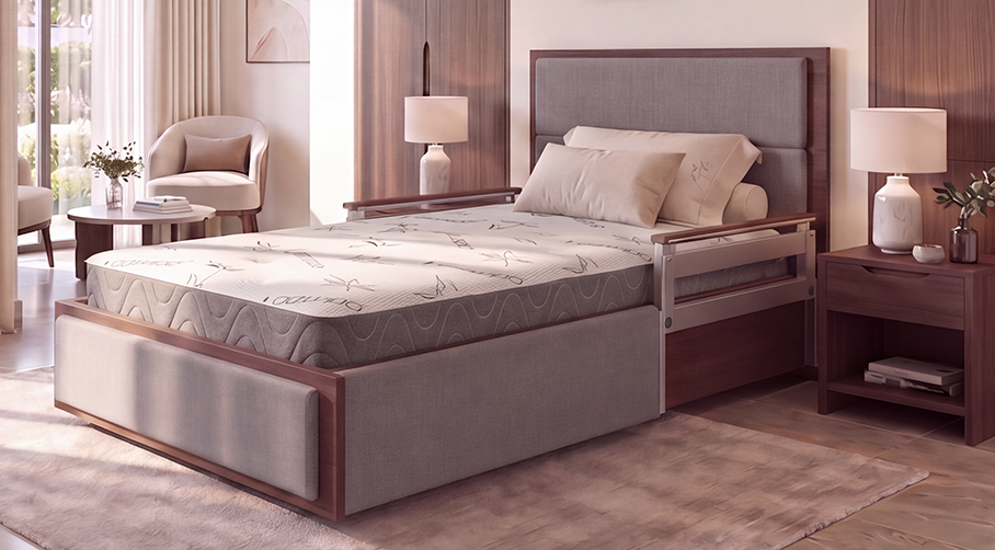 A modern bedroom with a Platinum 48 single adjustable bed featuring safety rails, neutral bedding, two nightstands with lamps, a chair, and soft natural lighting.