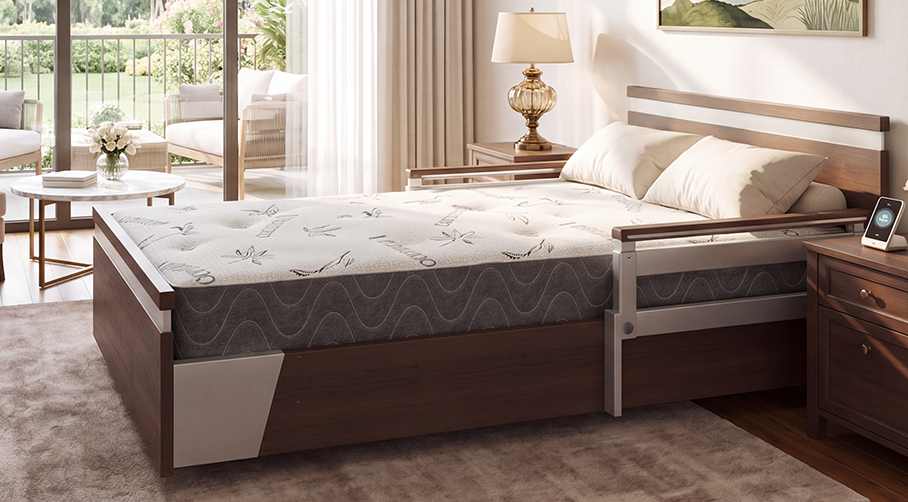 Modern wooden SonderCare hospital bed with side rails, a patterned mattress, and two pillows in a bright bedroom with large windows and a nightstand—experience the comfort and style of the premium 48 series.