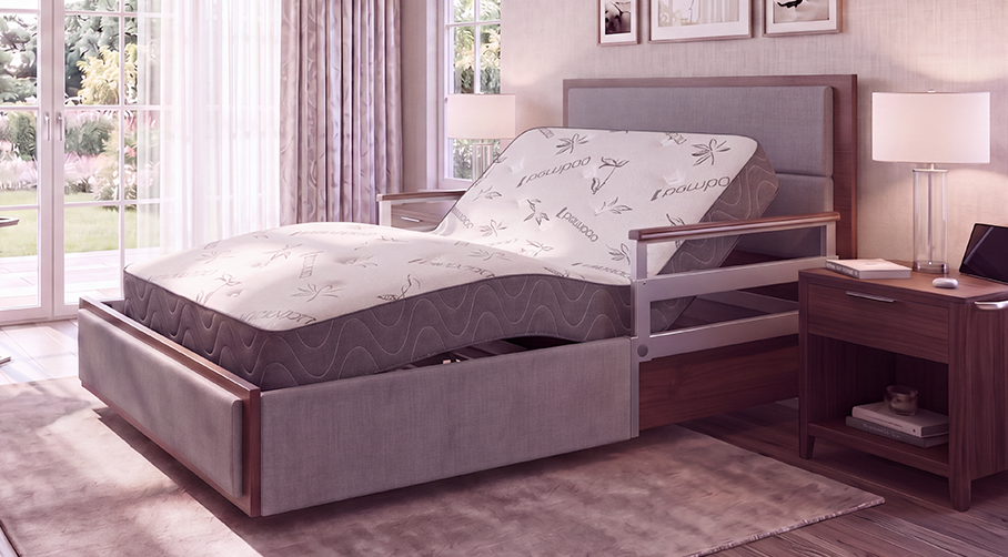 Adjustable bed in a modern bedroom, featuring a raised head section, two nightstands with lamps, large window, and neutral decor.